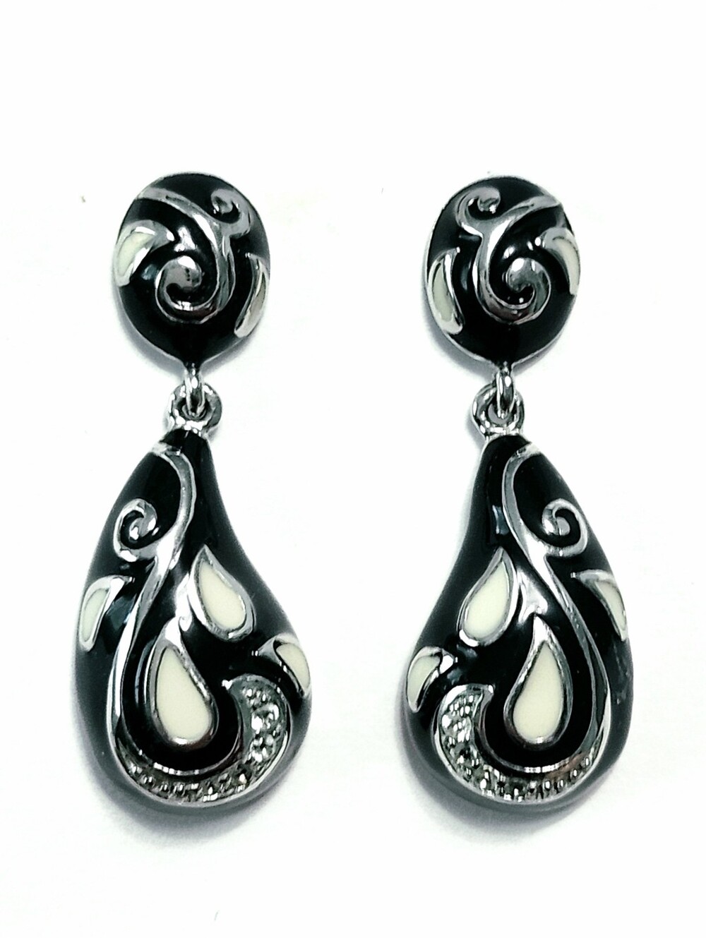 EMA Sterling Silver Enamel White Topaz Teardrop Earrings 1.25"
